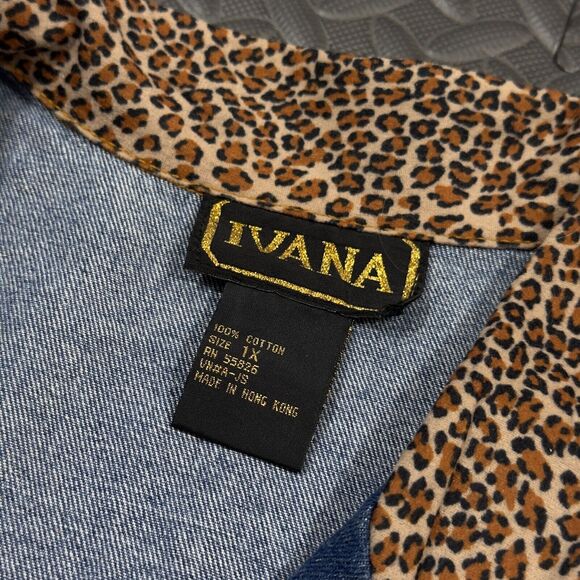 Ivana Trump Denim Jacket Womens 1X Blue Leopard Trimmed Belted Button Front - Picture 6 of 9